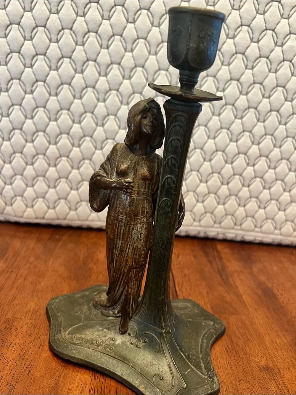 Art Nouveau, Spelter/Bronze-Tone Female Figurine Candle Holder - Elegant Accent